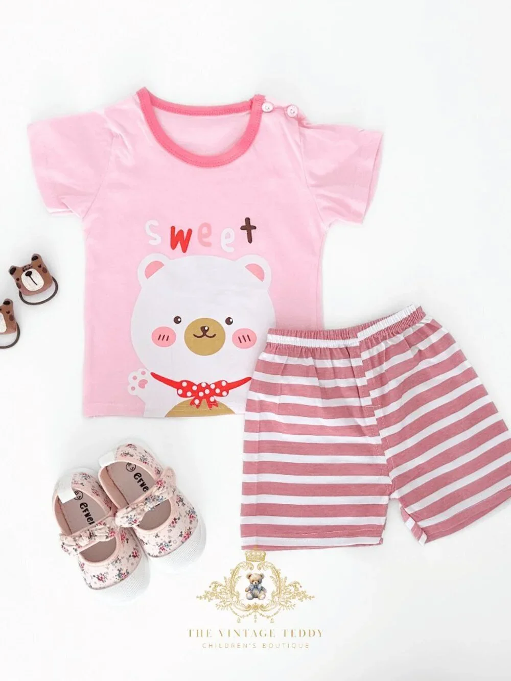 NWT Cute Girls Matching Set Kids T-shirt & Shorts 2-Piece 100% Cotton Bear 5T